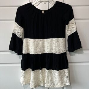 Pomelo Black & White Lace Dress Bell Sleeve Tiered Girls Size L
